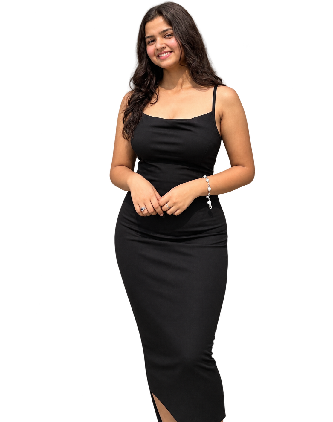 Khushi Gupta smiling in a black dress